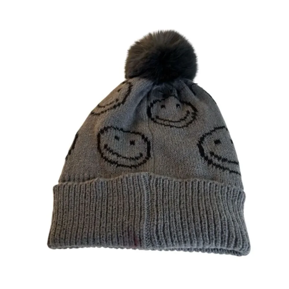 LA Valentina Gray Smiley Pom Beanie. Faux Fur Lined.